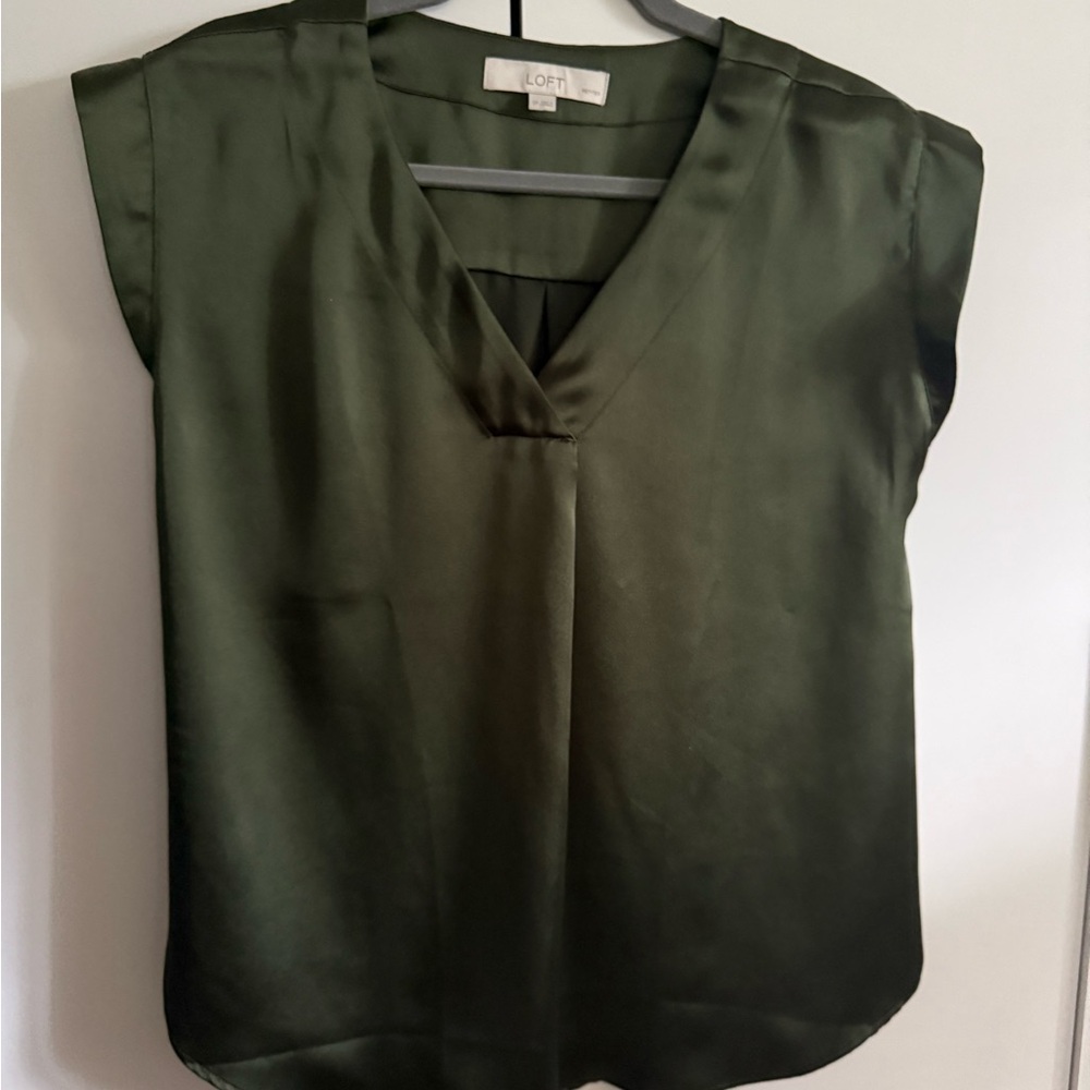 LOFT Olive Satin V-Neck Cap Sleeve Blouse
